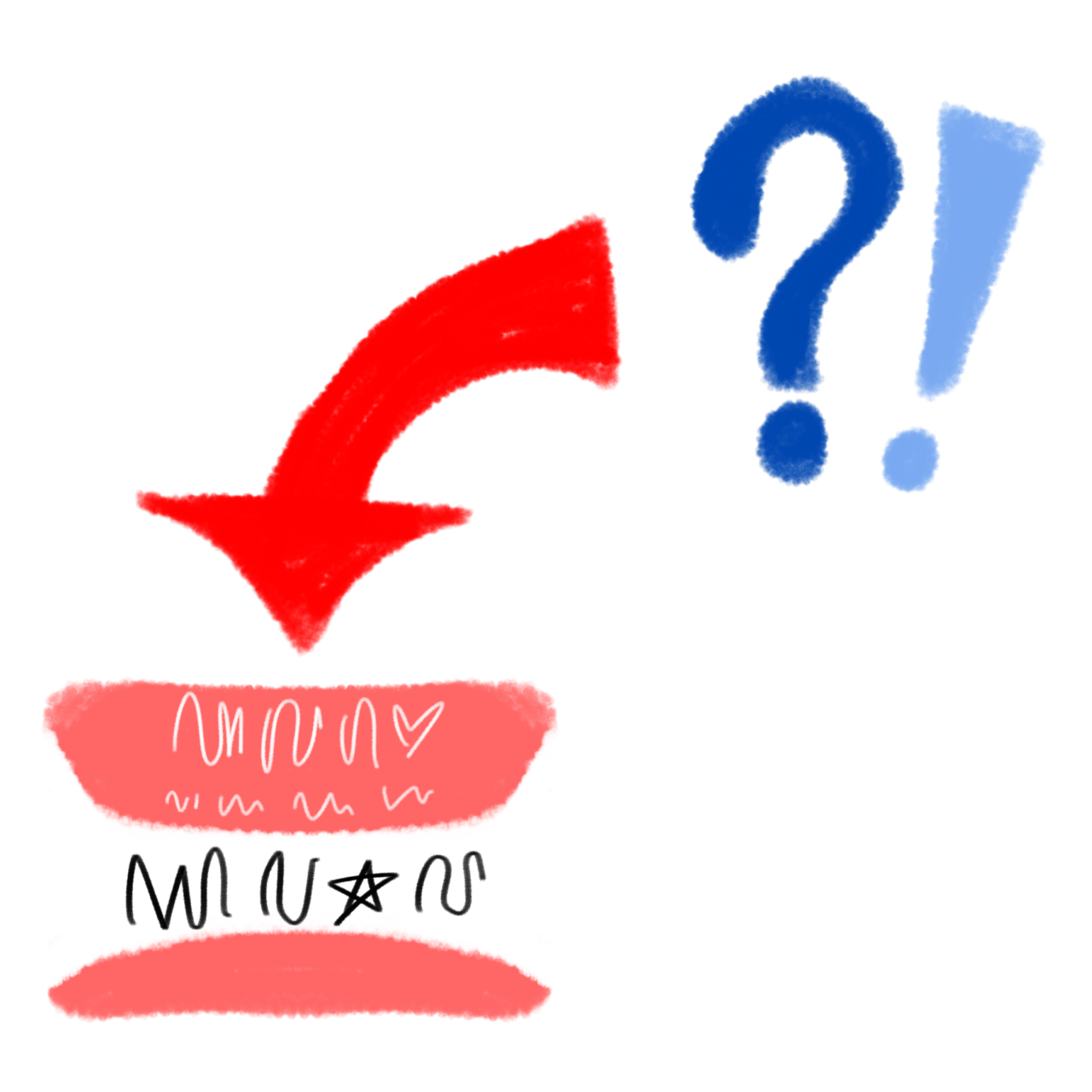 in the bottom left corner is a red name tag, above is a red arrow pointing to it at the bottom of the arrow is a blue question mark and a lighter blue exclamation mark.